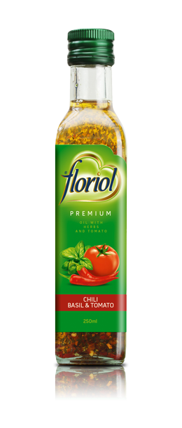 Floriol rapsų aliejus su aitriosiomis paprikomis, bazilikais ir pomidorais 250 ml